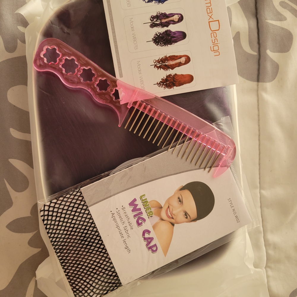 Purple Wig ,Pink Comb and Wig Cap Set